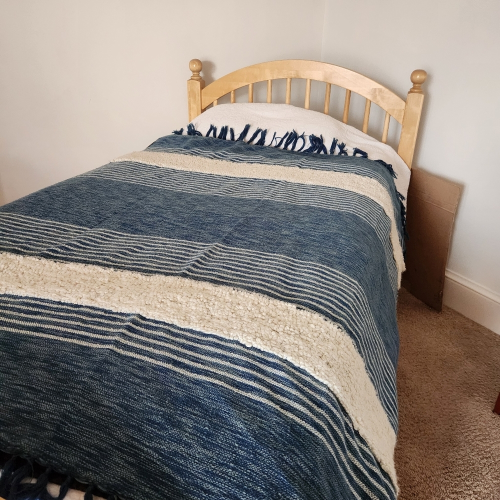 MALAGOON Blanket Throw Blue White Stripes Wool Blend Textured Fringe 59 x 50 - Picture 3 of 11